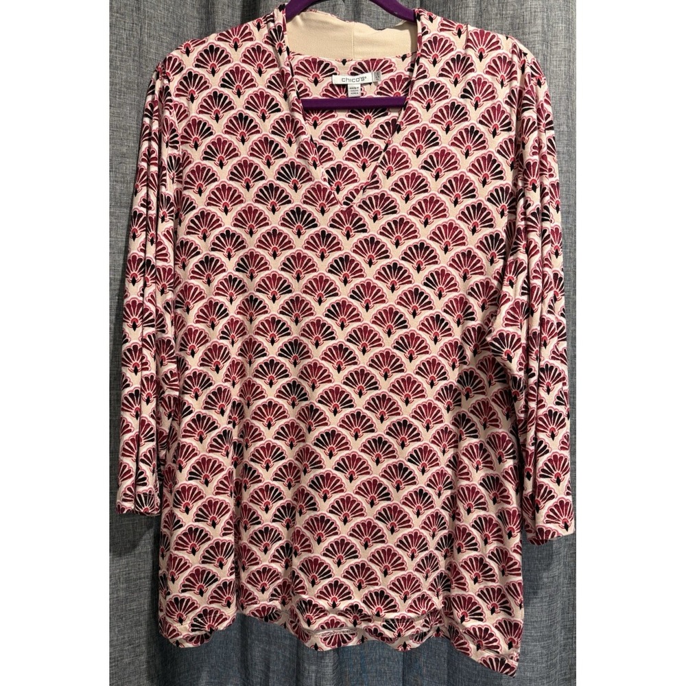 Chico's Women's Fan Print 3/4 Sleeve Tunic Top Front lined Size 3 US XL V-Neck‎